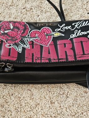 Ed Hardy Black Shoulder Bag with Pink Rose, Pink Heart & White Script